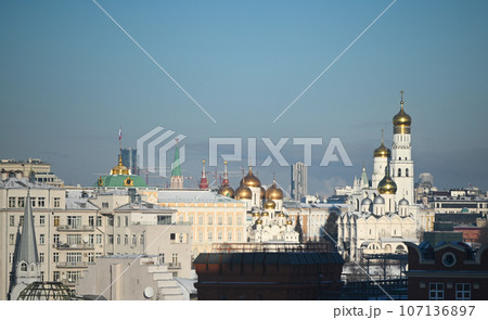 View of the Bell Tower of Ivan the Great and the cathedrals of the Moscow Kremlin. View of the Bell Tower of Ivan the Great and the cathedrals of the Moscow Kremlin. 107136897