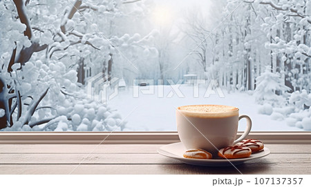 外は降雪中、温かい部屋で珈琲を飲む 107137357