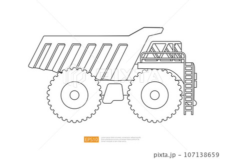 mining dump truck tipper vector illustration on white background. Isolated big heavy machinery equipment vehicle. flat cartoon construction and mining car icon. Line Coloring Page Book for Kids 107138659