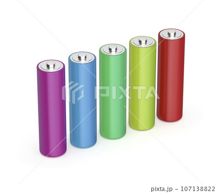 Row with five AA size batteries with different colors 107138822