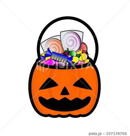 キャンディーの詰まったハロウィーンバケツのイラスト 107139708