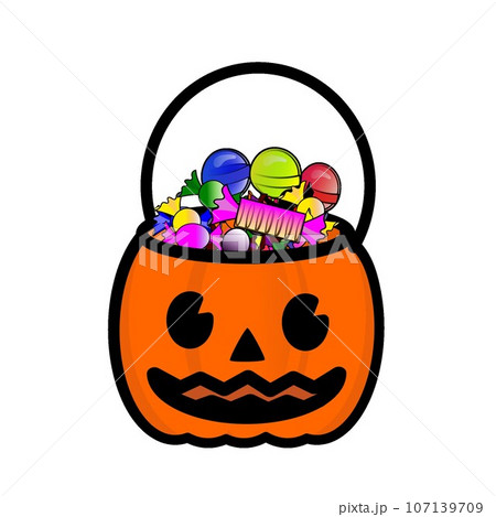 キャンディーの詰まったハロウィーンバケツのイラスト 107139709
