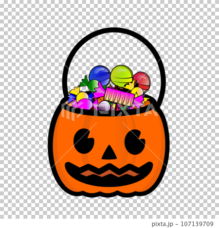 キャンディーの詰まったハロウィーンバケツのイラスト 107139709