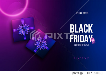 Black Friday Background with neon lighting gift box. Black Friday Background with neon lighting gift box. 107140050