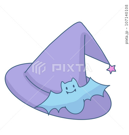 コウモリと紫色の魔女の帽子のイラスト 107140108