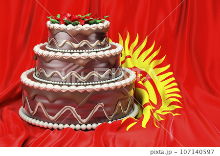 Chocolate cake on the Kyrgyz flag background, 3D rendering 107140597