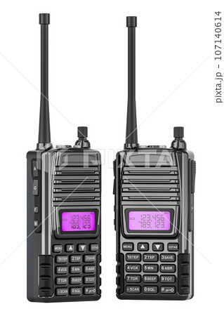 Portable radios walkie-talkie. Two-way radios, rechargeable. 3D rendering Portable radios walkie-talkie. Two-way radios, rechargeable. 3D rendering 107140614