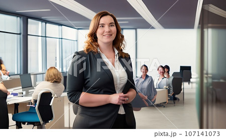 Plus-size managers Caucasian plus sized business woman portrait in modern office. AI Generative. 107141073