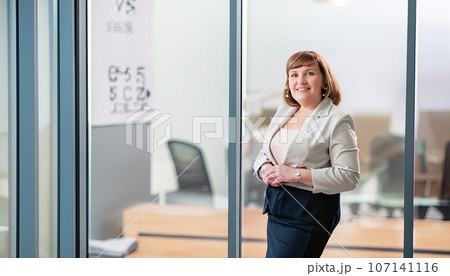 Plus-size managers Caucasian plus sized business woman portrait in modern office. AI Generative. Plus-size managers Caucasian plus sized business woman portrait in modern office. AI Generative. 107141116