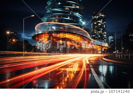 Abstract night cityscape background. Smart city, ai and digital transformation concept. Double exposure 107141240