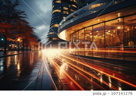 Abstract night cityscape background. Smart city, ai and digital transformation concept. Double exposure 107141276