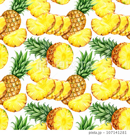 watercolor hand drawn seamless pattern with pineapple with half and slices ripe pineapple, sketch of yellow tropical fruit, food illustration isolated on white background watercolor hand drawn seamless pattern with pineapple with half and slices ripe pineapple, sketch of yellow tropical fruit, food illustration isolated on white background 107141281