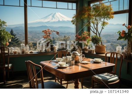 Luxury eatery with Fuji mountain view. Generative AI 107141340