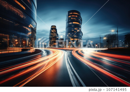 Abstract night cityscape background. Smart city, ai and digital transformation concept. Double exposure 107141495