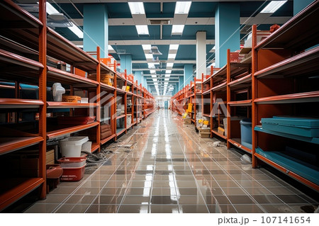 Empty rack shelf in mega storehouse. Logistic concept. Generative AI 107141654