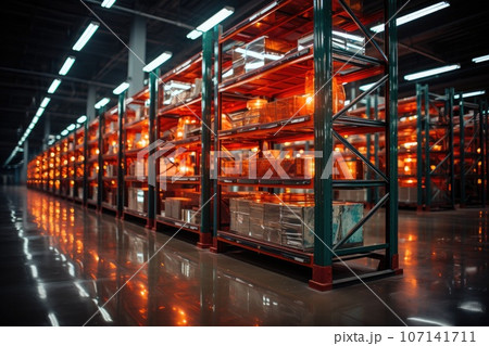 Full rack shelf in mega storehouse. Logistic concept. Generative AI 107141711