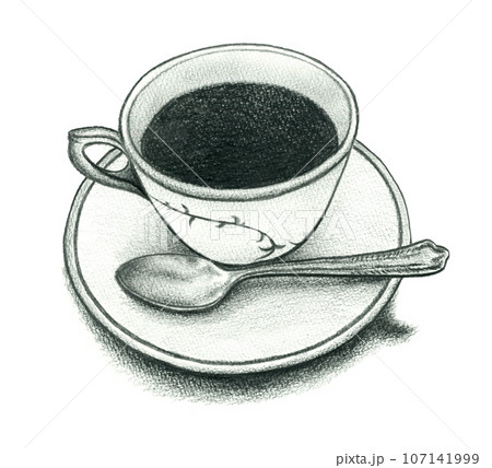 鉛筆画「A coffee break」　B5大サイズ コーヒーと銀のスプーン 鉛筆で描いたイラストのイラスト素材