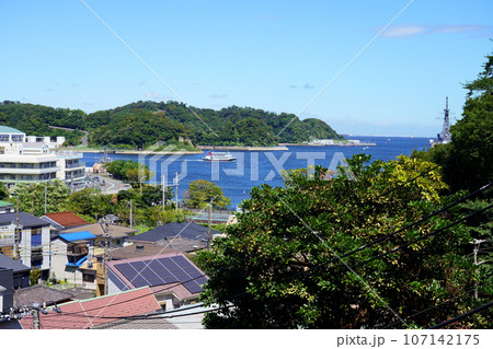 高台から望む横須賀本港と軍港めぐりの船 107142175