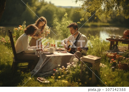 Family enjoying picnic at weekend. Generative AI 107142388