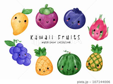 Watercolor Kawaii Fruits Collection with Cute Face, Mango, Pineapple 107144006