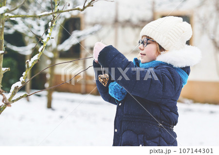 Little girl with glasses feeds birds on winter. Happy smiling preschool child hanging selfmade bird seed heart on tree. On cold snowy winter day. 107144301
