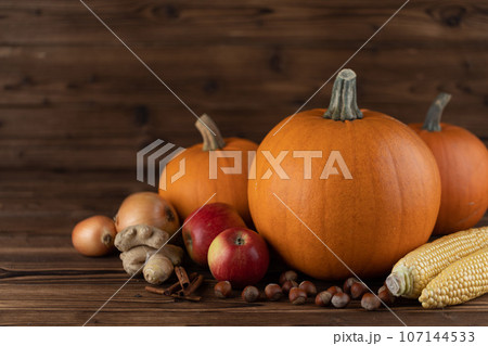 Autumn harvest still life with pumpkins Autumn harvest still life with pumpkins 107144533