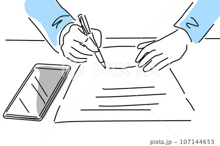 契約書にサインする手とスマホのシンプル線画 契約書にサインする手とスマホのシンプル線画 107144653