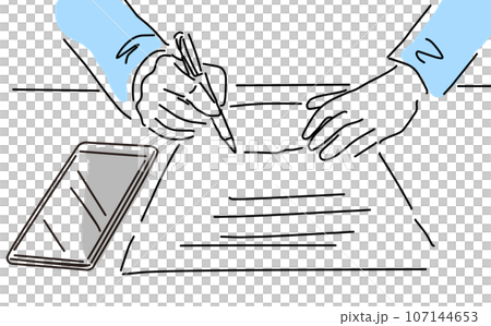 契約書にサインする手とスマホのシンプル線画 契約書にサインする手とスマホのシンプル線画 107144653