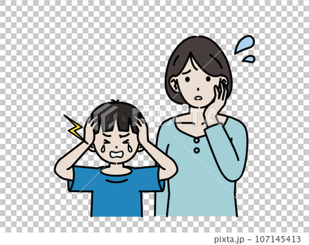 A mother is troubled by her son who has a tantrum and cries. 107145413