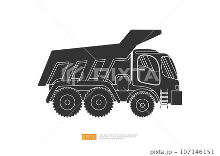 Silhouette dump truck tipper vector illustration on white background. Isolated heavy industrial machinery equipment vehicle. flat cartoon construction and mining car icon Silhouette dump truck tipper vector illustration on white background. Isolated heavy industrial machinery equipment vehicle. flat cartoon construction and mining car icon 107146151