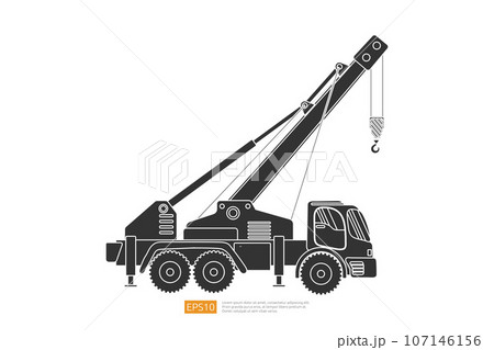Silhouette crane truck illustration on white background. Isolated construction vehicle car. heavy equipment commercial transportation vehicle flat vector Silhouette crane truck illustration on white background. Isolated construction vehicle car. heavy equipment commercial transportation vehicle flat vector 107146156