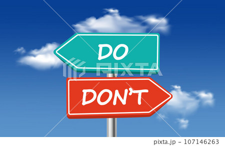 Do's and Don'ts good and bad Signpost on sky background vector illustration 107146263