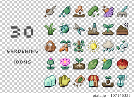 一組 30 個與園藝相關的懷舊可愛的像素藝術圖示。 一組 30 個與園藝相關的懷舊可愛的像素藝術圖示。 107146325