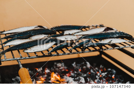 Fresh fish sadrines on a grill, summertime backyard dinner concept 107147340
