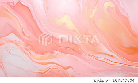 Abstract pink marble texture with golden lines on glossy surface for background or wallpaper presentation. Aspect ratio 16:9. Generative AI. 107147604