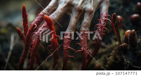 Witch's hand in the woods, with tendrils of new flesh growing from fingers,Created with generative AI tools 107147771