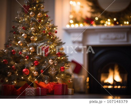 Christmas scene by the fireplace with bokeh lighting, blurred holiday backdrop. Festive home ambiance. 107148379