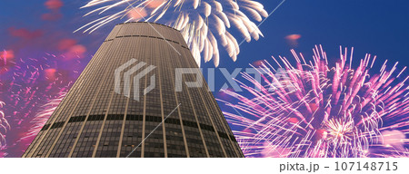 Celebratory fireworks over the Skyscrapers La Defense, commercial and business center of Paris, France 107148715