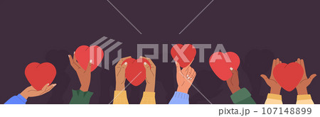 Human hands holding and giving red hearts. Concept of sharing love with people. Love symbols banner 107148899