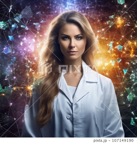Young confident woman in lab coat standing 107149190
