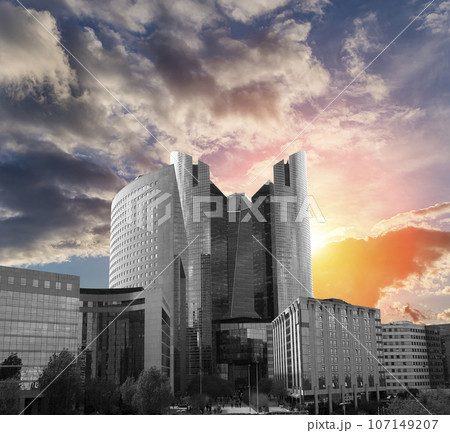 Skyscrapers La Defense (against the background of a sky at sunset), commercial and business center of Paris, France Skyscrapers La Defense (against the background of a sky at sunset), commercial and business center of Paris, France 107149207