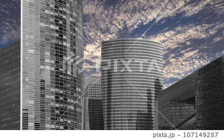 Skyscrapers La Defense (against the background of a sky at sunset), commercial and business center of Paris, France 107149287