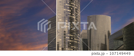 Skyscrapers La Defense (against the background of a sky at sunset), commercial and business center of Paris, France 107149449