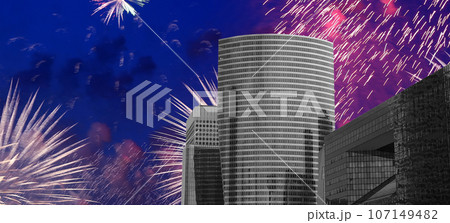 Celebratory fireworks over the Skyscrapers La Defense, commercial and business center of Paris, France Celebratory fireworks over the Skyscrapers La Defense, commercial and business center of Paris, France 107149482