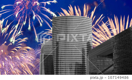 Celebratory fireworks over the Skyscrapers La Defense, commercial and business center of Paris, France Celebratory fireworks over the Skyscrapers La Defense, commercial and business center of Paris, France 107149486