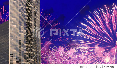 Celebratory fireworks over the Skyscrapers La Defense, commercial and business center of Paris, France Celebratory fireworks over the Skyscrapers La Defense, commercial and business center of Paris, France 107149546