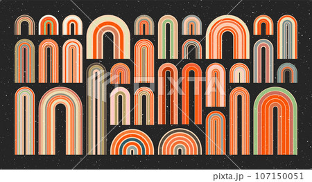 Mid century arch elements, modern geometric shapes, grunge rainbow. Contemporary design, minimalist art. Trendy design elements for wall decor, posters, books, covers and flyers. Vector illustration 107150051