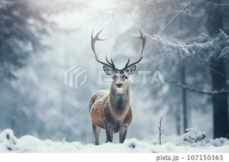 A deer stands in front of a snow covered field in a winter forest. A deer stands in front of a snow covered field in a winter forest. 107150363
