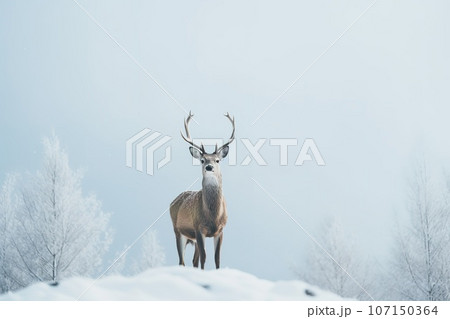 A deer stands in front of a snow covered field in a winter forest. A deer stands in front of a snow covered field in a winter forest. 107150364