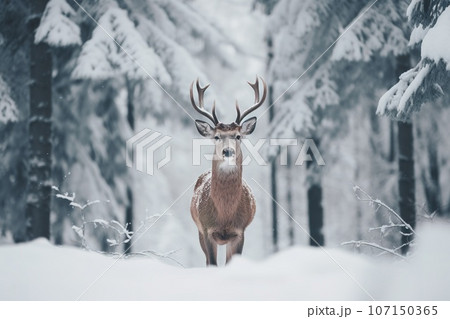 A deer stands in front of a snow covered field in a winter forest. 107150365